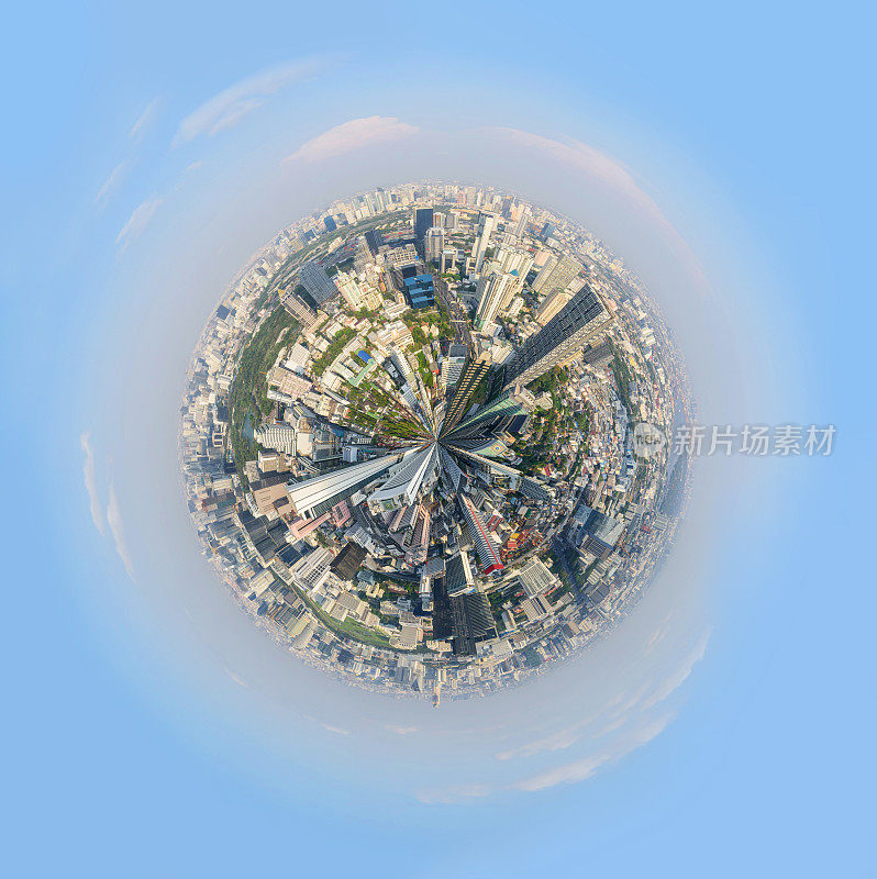 360全景俯瞰日落时分的城市全景/环形城市全景